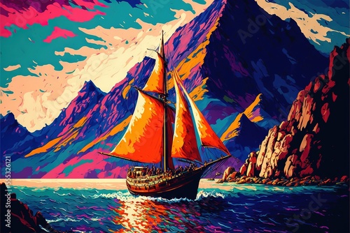 Fototapeta landscape canvas wall art print fauvism sailboat mountains