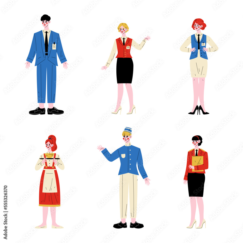 Hotel staff, service workers set. Porter, waitress, maid and receptionist in uniform cartoon vector illustration Hotel staff, service workers set. Porter, waitress, maid and receptionist in uniform cartoon vector illustration