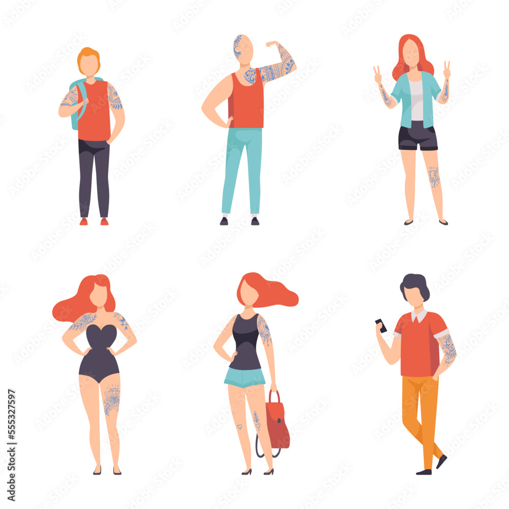 Tattooed people set. Young men and women with tattoos flat vector illustration