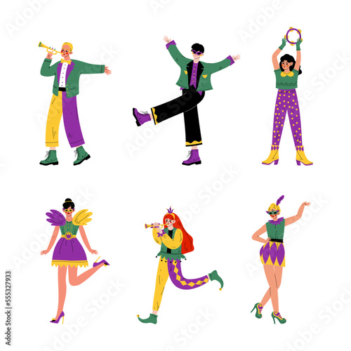 Mardi Gras. Happy people in bright carnival costumes set cartoon vector illustration
