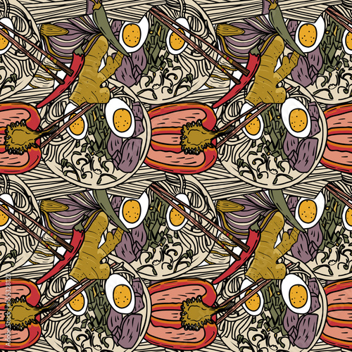 Vector Panasian food seamless pattern. Hand drawn sketch with asian food such as noodles, shrimps, gingers, dumplings, spicy soup.