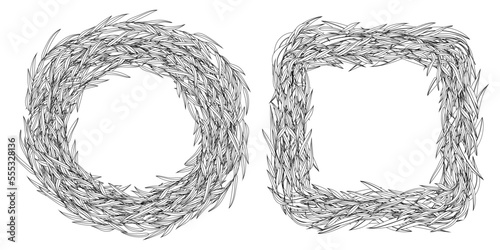 Round and square frame made of leaves, grass, straw or feathers. Set of windows for coloring. Nest of weeping willow branches. Rustic decorative wreath for invitation or logo