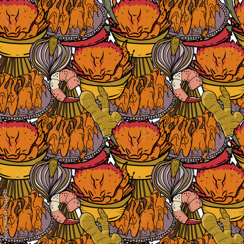Vector Panasian food seamless pattern. Hand drawn sketch with asian food such as noodles, shrimps, gingers, dumplings, spicy soup.