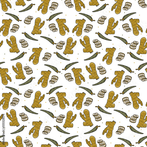 Vector Panasian food seamless pattern. Hand drawn sketch with asian food such as noodles, shrimps, gingers, dumplings, spicy soup.