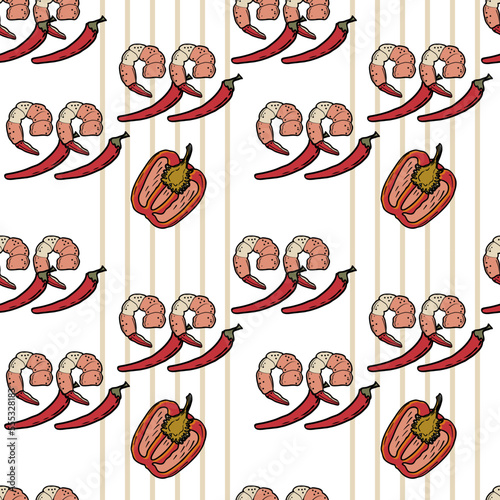Vector Panasian food seamless pattern. Hand drawn sketch with asian food such as noodles, shrimps, gingers, dumplings, spicy soup.