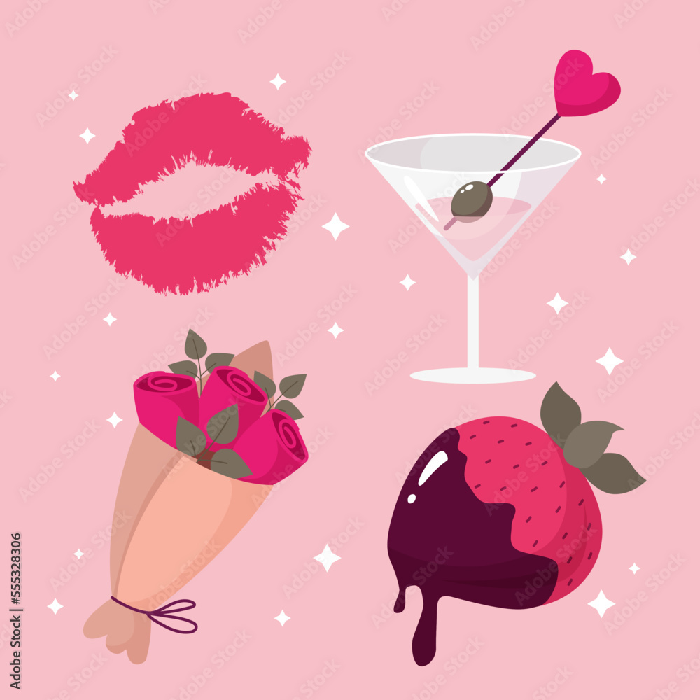 cute cartoon valentines day elements martini lip print bouquet of roses and chocolate covered strawberries