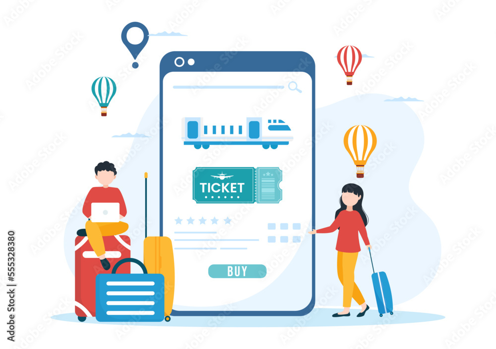Online Travel Ticket Store Through transportation and Journey Provider App for Booking in Flat Cartoon Hand Drawn Template Illustration