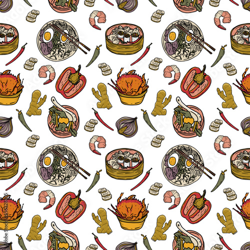 Vector Panasian food seamless pattern. Hand drawn sketch with asian food such as noodles, shrimps, gingers, dumplings, spicy soup.