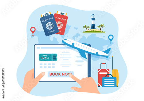 Online Travel Ticket Store Through transportation and Journey Provider App for Booking in Flat Cartoon Hand Drawn Template Illustration