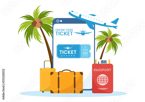 Online Travel Ticket Store Through transportation and Journey Provider App for Booking in Flat Cartoon Hand Drawn Template Illustration