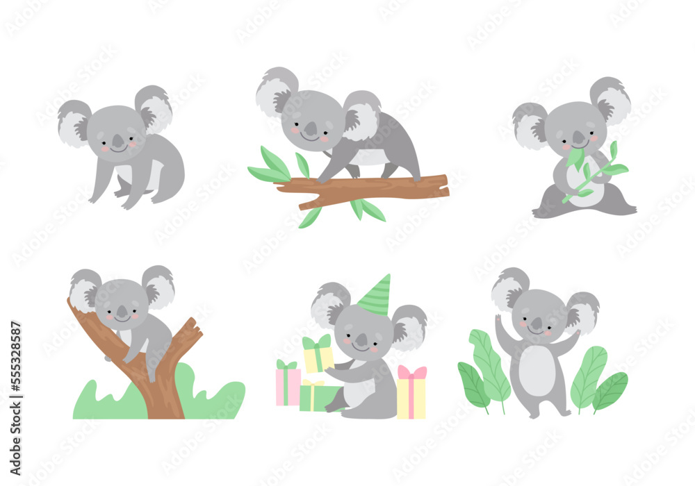 Fototapeta premium Cute Gray Koala Bear with Large Ears Engaged in Different Activity Vector Set
