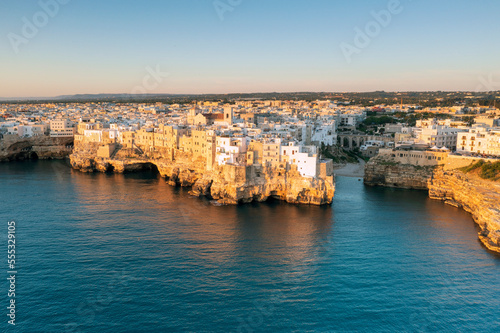 Vista aerea all'alba di Polignano a mare. Un paese a Bari in Puglia photo