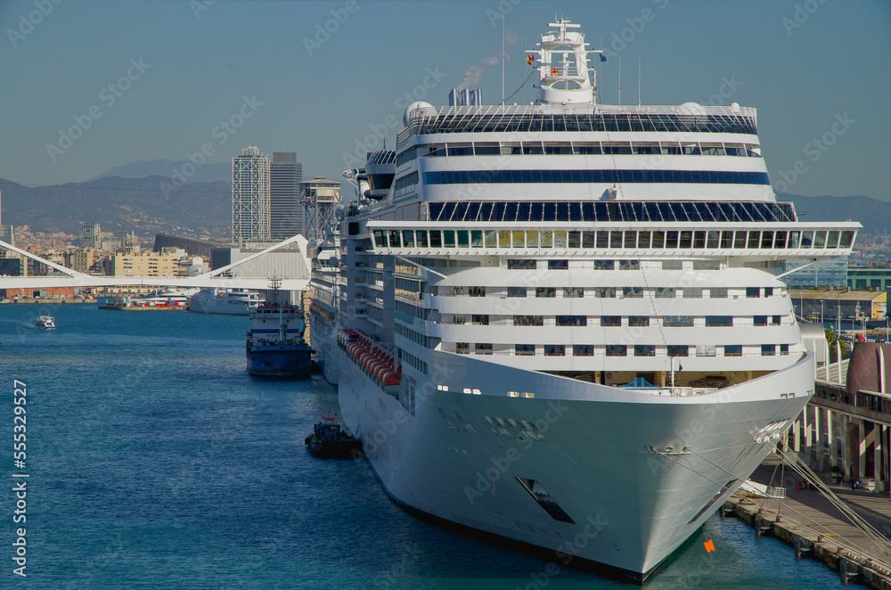 Modern MSC cruiseship cruise ship liner Preziosa in port during Mediterranean cruising in summer