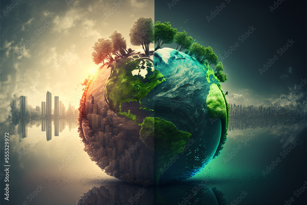 Cracked Earth VS Green Earth Concept. Global Warning, Climate Change