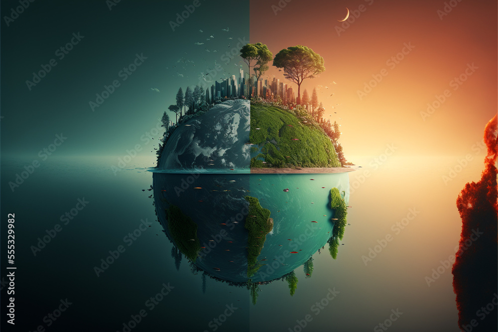 Fototapeta premium Cracked Earth VS Green Earth Concept. Global Warning, Climate Change and Save our Planet.