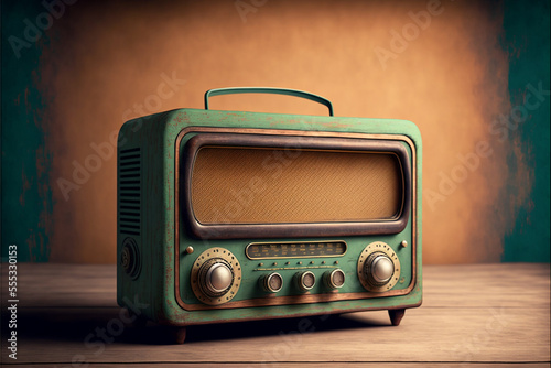 Vintage radio on a painted wall background.