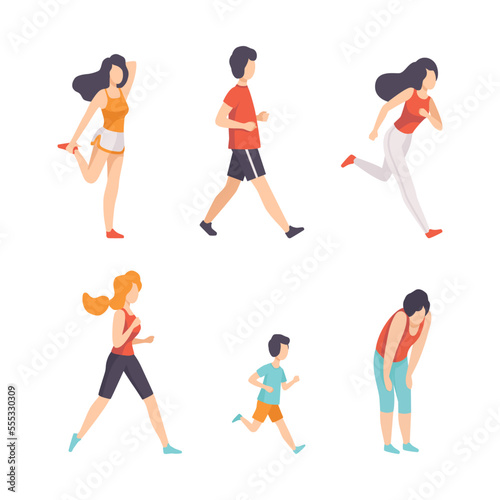 People Running and Jogging Doing Sport and Physical Exercise Training Body and Muscle Vector Set