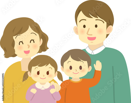 イラスト素材：男女の子供を育てる若い夫婦2　4人家族（透過背景）
