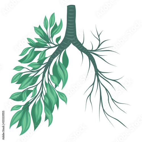 Vector human halved lungs from leaves and withered branches. Disease natural air. Save the earth and the environment. Concept art