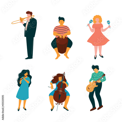Man and Woman Musician Instrumentalist Performing Music Playing Musical Instrument Vector Set