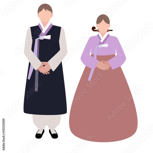 Men and women in beautiful Korean traditional clothes  Hanbok. Traditional Korean outfits. Korean folk clothing. Vector illustration in a flat design style. The design is simple