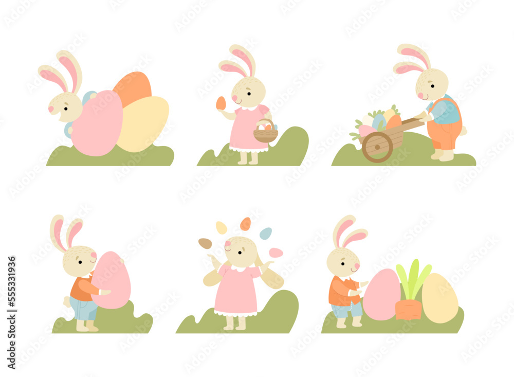 Cute Easter Bunny with Eggs in the Garden Vector Set Cute Easter Bunny with Eggs in the Garden Vector Set