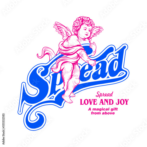 this artwork features a playful illustration of Cupid and a slogan that reads "Spread love and joy, a magical gift from above." celebration of love, joy, and the magic that can be found in life
