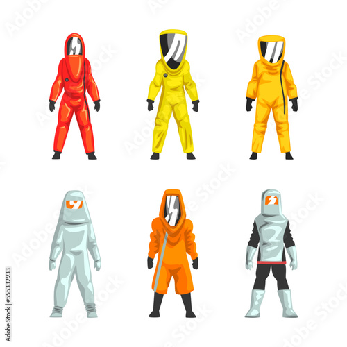 Man in Hazmat Suit as Personal Protective Equipment with Impermeable Garment Vector Set