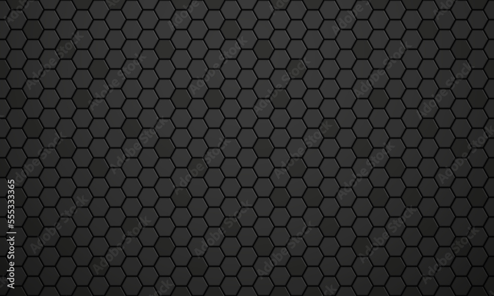 Black glossy ceramic hexagon tiles pattern horizontal background. Modern home interior, bathroom and kitchen wall texture. Vector black shiny metal hexagonal wall background