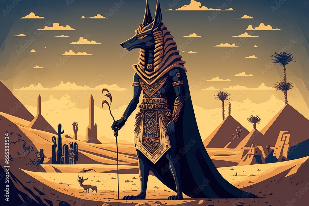 Cartoon picture of Anubis, the Egyptian god, standing in a desert with