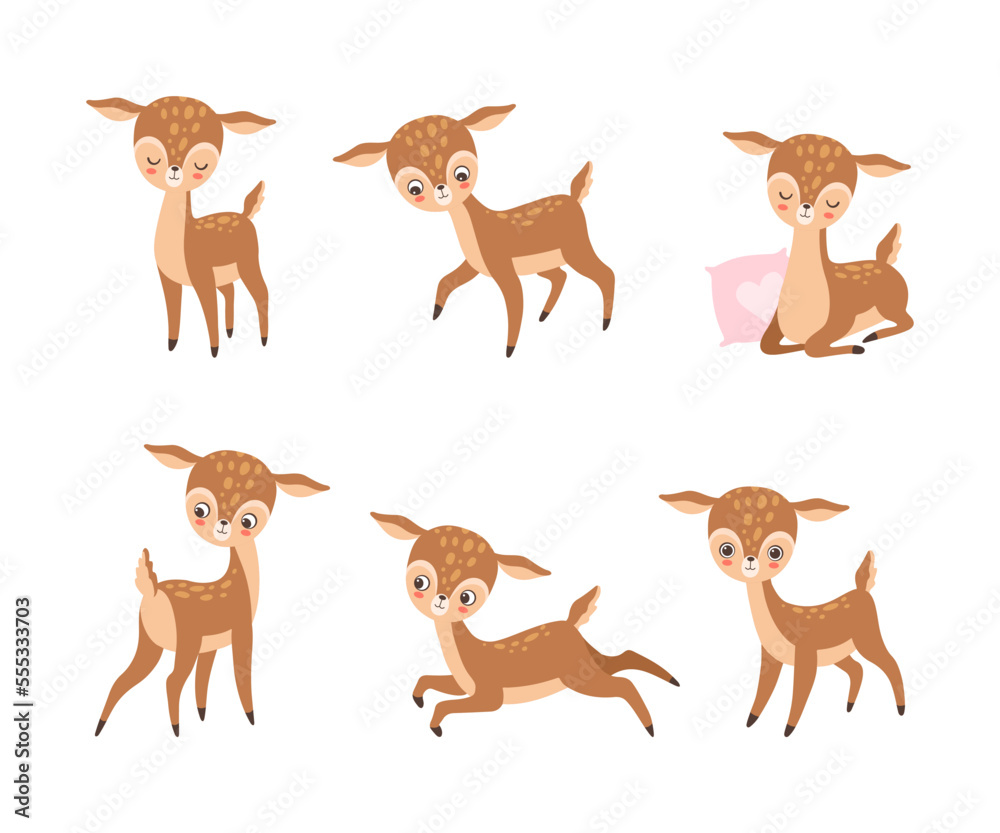 Cute Baby Deer with Spots as Adorable Hoofed Mammal Living in Forest Vector Set Cute Baby Deer with Spots as Adorable Hoofed Mammal Living in Forest Vector Set