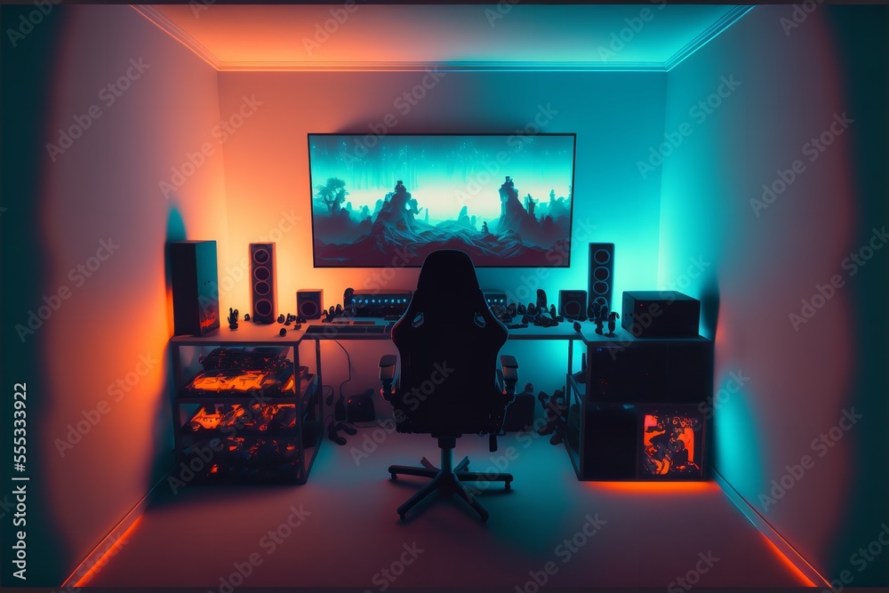 Gaming Pc desk with RGB lighting Gaming room, Gaming room with RGB
