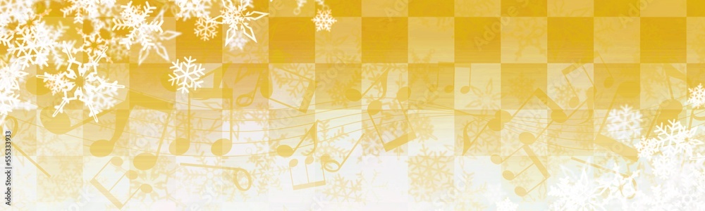 Fototapeta premium 雪の結晶と音符の冬やクリスマス用の金色のバナー、ヘッダー背景イラスト