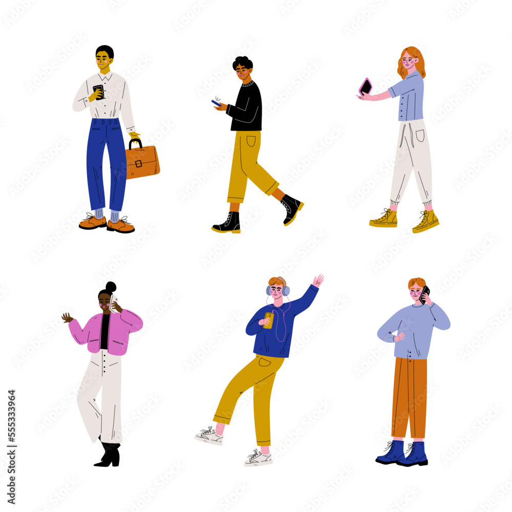 People Character Using Smartphone, Chatting, Speaking by Phone and Listening to Music Vector Set