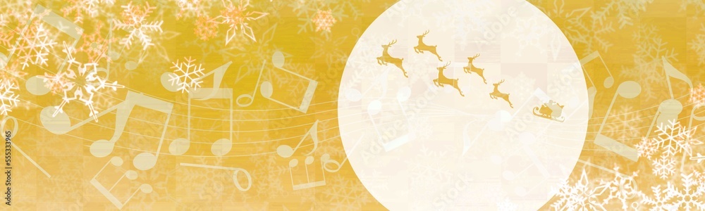Obraz premium 雪と音符と月とサンタクロースが描かれた、冬やクリスマス用の金色のバナー、ヘッダー背景イラスト