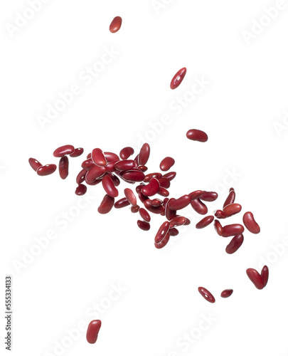 Red Bean flying explosion, red grain beans explode abstract cloud fly. Beautiful complete seed pea bean splash in air, food object design. Selective focus freeze shot white background isolated photo