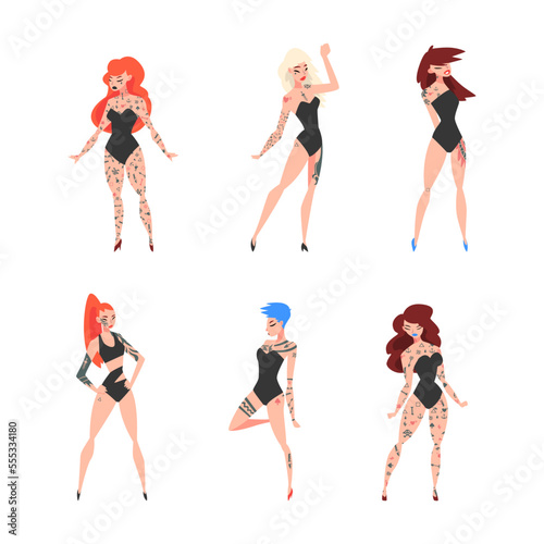 Tattooed or Inked Woman in Standing Pose Vector Set