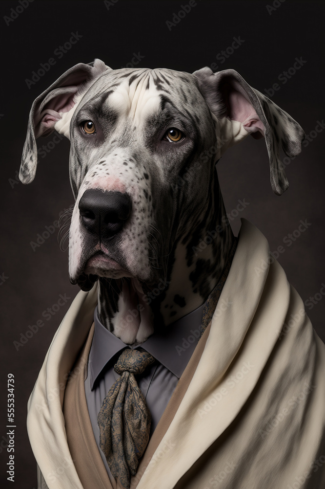 Portrait of Great Dane dog in historic costume. Generative AI