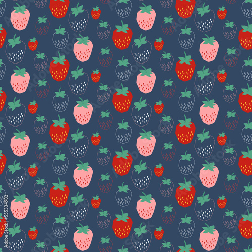 Pattern with strawberries on a blue background. Modern fruity print. Vector illustration in flat design style.