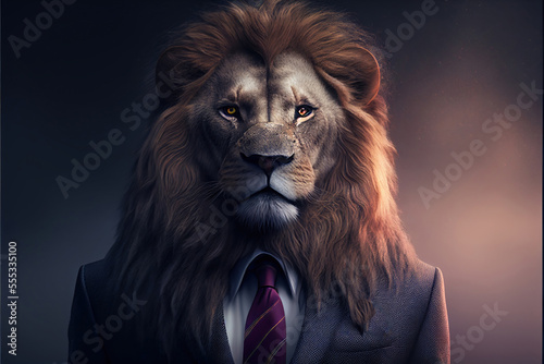 Portrait of lion in a business suit, generative ai