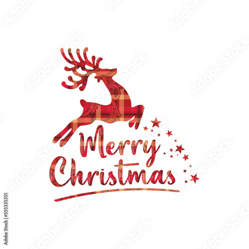 Christmas lettering. Merry Christmas Print Design Vector illustration. Vector reindeer silhouette drawing illustration with checkered seamless pattern background texture.