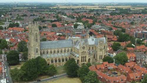 Historic landmark church, Beverley Minster from above with an aerial view over market town photo