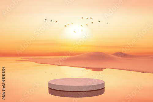 3D podium with copy space for product display presentation on tropical sunset beach abstract background. Tropical summer and vacation concept.