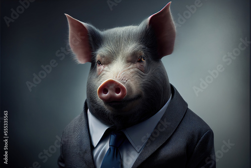 Portrait of pig in a business suit, generative ai photo