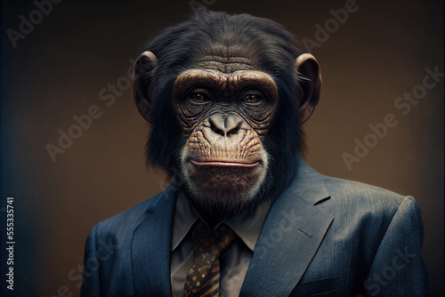 Fotografering Portrait of Chimpanzee in a business suit, generative ai