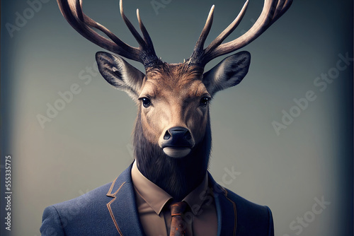 Tablou canvas Portrait of deer in a business suit, generative ai