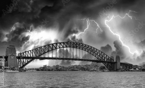 Panoramic view of Sydney Harbour Bridge during a storm, New South Wales - Australia