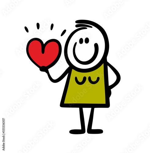 Cute young woman holds a big shining heart gift for valentines day.