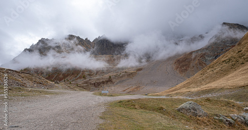 Autumn in Col du Lautaret high mountain pass. Hautes-Alpes, France