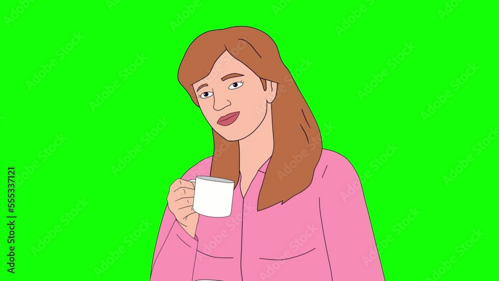 Girl drinking tea and smiling, green screen. 2d animation. Girl drinking tea and smiling, green screen. 2d animation.